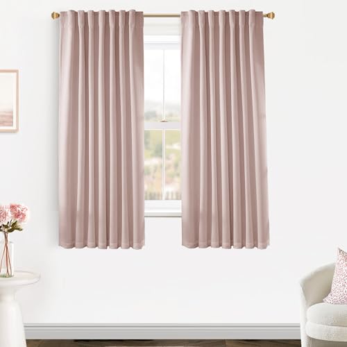 Nursery Curtains for Girls Room,Linen Black Out Back Tab Hooks Pleat Preppy Pink Blackout Curtains 2 Panels 63 Inch Length for Baby Teen Bedroom Dormitorio Dorm Short Window,Dusty Blush Pink