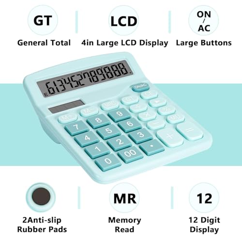 Image of 12-Digit Dual Power Desktop Calculator with Large LCD Display, Big Easy Press Buttons, Solar & Battery Operated, Portable Office & School Basic Calculator for Kids and Parents (Blue)