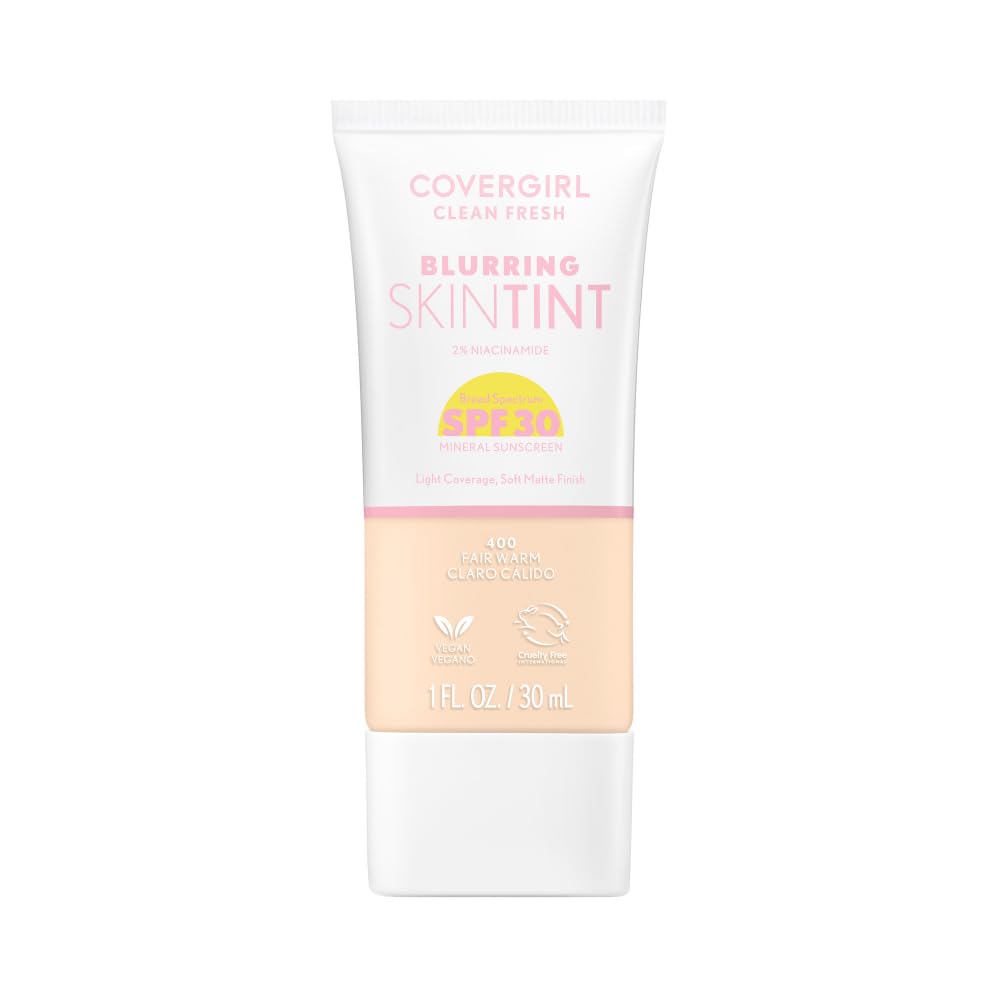 COVERGIRL Clean Fresh Blurring Skin Tint with SPF 30, 400 Fair Warm, Liquid Foundation, Soft Matte Finish, Smooths, Brightens, Blurs Pores, Mineral Sunscreen, Vegan Formula