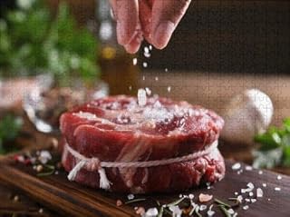 Fun Jigsaw Puzzle 1000 Pieces for Adults Hand Sprinkling Salt Fresh Raw Beef Meat A Cutting Board Family Holiday Puzzle