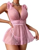 ADOME Pink Lingerie for Women Sexy Lace Babydoll Chemise Polka Dots Sheer Nightgown Pink X-Large
