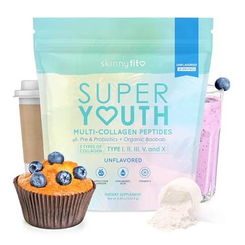SkinnyFit - Super Youth Collagen for Women - Multi Collagen Peptides Powder - Probiotics Fiber Hyaluronic Acid - Non GMO Gluten Free Sugar Free - Beauty & Self Care - Unflavored (28 Servings)