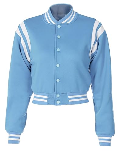 babyhealthy Women Cropped Varsity Jacket Retro Baseball Jacket Bomber Coat Streetwear Blue