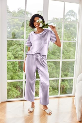 Image of Ekouaer Womens Satin Silky Pajama Set Short Sleeve Shirt with Long Pajama Pant Set Soft PJ Loungewear