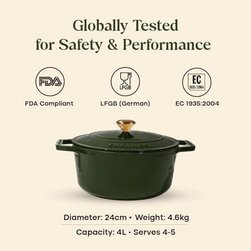 Image of CUMIN CO. Cast Iron Dutch Oven 4L, 24 cm | Induction Base Cookware | 10 Years Warranty | Non Toxic Non Stick Biryani Pot with Lid | Heavy Bottom | Chemical Free Coating | Free Accessories | Green