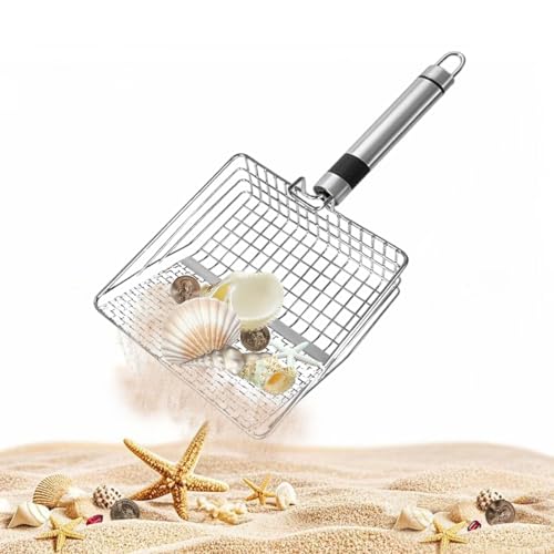 Stainless Steel Mesh Sand Filter Shovel - Beach Shell Collection Tool Metal Sand Sifter for Cleaning, Durable Sand Scoop with Comfort Grip Handle for Beach, Camping, Gardening