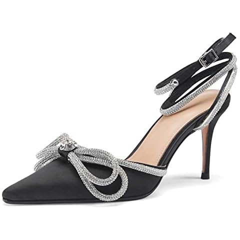 UTIKLIOU Women's Pointed Toe Pump Sandals Rhinestone Sandals with Heels Wedding Dress Stilettos (Black 11) Cover