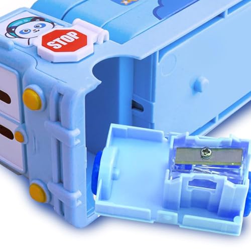 Image of Storio Bus Shape Pencil Box School Bus Metal Geometry Box for Kids Magic Bus with Moving Tyres with 3 Compartments Moving Tyre's & Sharpener Geometry Case for Boys & Girls - Space, Blue