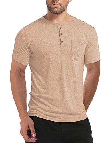 BABEIYXM Button Down Shirt Men, Juniors Short Sleeve Henley T-Shirts Front Pocket Tops Casual Summer Tees Khaki M