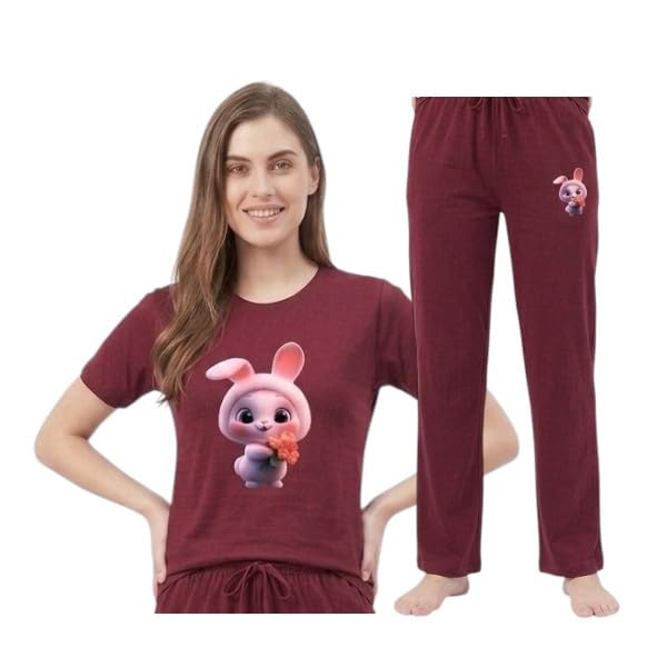 Women's Cute Bunny Printed T-Shirt and Jogger Co-ord Set, Casual Loungewear-picture-39