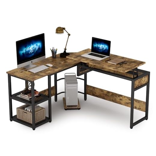 Tribesigns L Shaped Desk with Lift Top, Modern Sit to Stand Corner Computer Desk with Storage Shelves, Rustic Height Adjustable Standing Desk Workstation for Home Office (Rustic Brown)