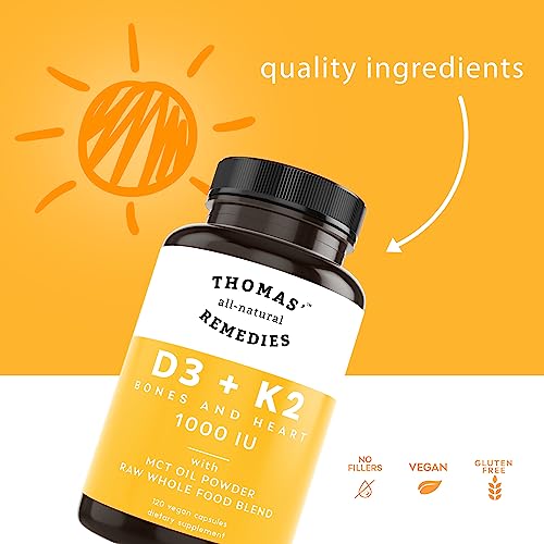 Thomas' All-Natural Remedies D3 + K2 With Mct Oil For Better Absorption & Raw Whole Food Blend, 1000 Iu D3, Vegan, Made In Usa, Support For Your Heart, Bones & Teeth, Non-Gmo (120Ct) #TOP1