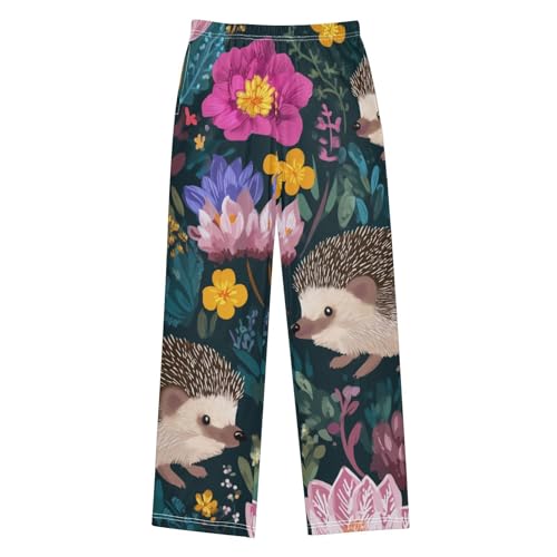Hedgehog Spring Floral Boys Long Pants Soft Trousers Elastic Waist Kids Lounge Bottoms with Pockets S-XL