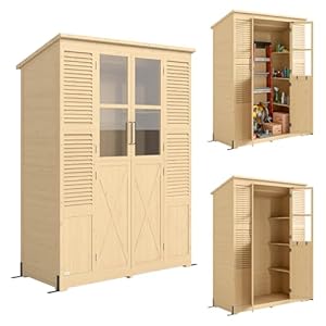 Outsunny Gartenschrank Holz Begehbarer Geräteschuppen mit Ablage Acrylfenstern Doppeltür Asphalt-Dach Lamellenlüftung Bodenplatte 147x68x198cm Geräteschrank mit verstellbare Füße Antikipp Gerätehaus