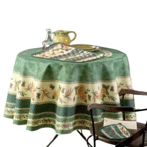 Générique Nappe Ronde Provençale, Motif Tournesol et Abeille, 180 cm, Vert, Polyester Anti-Tache