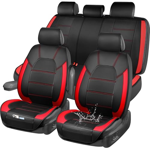 Image of CAR PASS 5 Seats Leather Car Seat Covers, Sideless Car Seat Protectors with Storage Pocket, Water Resistance Seat Cover, Universal Fit Most Cars, SUVs, Trucks and Vans (Full Set,Black and Red)