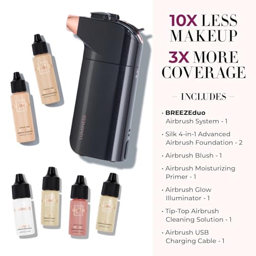Luminess BREEZE DUO Airbrush Makeup System, Medium Coverage – 9-Piece Kit includes 2x Silk Airbrush Foundation, Soft Rose Blush, Glow Highlighter, Moisturizer Primer, and Airbrush Cleaning Solution - Thumbnail 2