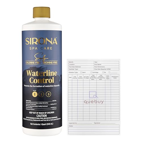 Sirona 82106 Simply Waterline Control 1 Quart – Step 1 Spa Maintenance | Chlorine-Free, Bromine-Free Formula | Prevents Waterline Deposits | Includes QueBuy Pool Maintenance Log Book