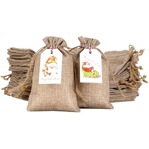 Tapleap Burlap Bags with Drawstring, 4x6 Inches Burlap Sack with Christmas Tags and String (Lot of 50) for Wrapping Christmas Gifts, Party Favors or for Christmas Decorations Cover