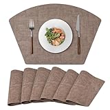 Round Table Placemats Set of 6, Faux Leather Wedge Shape Place Mats Heat Resistant Wipeable Washable Table Mats for Dining Outdoor Indoor, Brown