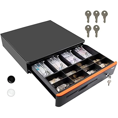 Tera Auto Open Cash Register (with 5 Keys) Till Drawer Box 4 Bill 8 Coin Cash Drawer Tray for POS System, Removable Coin Compartment 12V RJ12 Key-Lock, Media Slot for Shops Businesses, 405R Cover