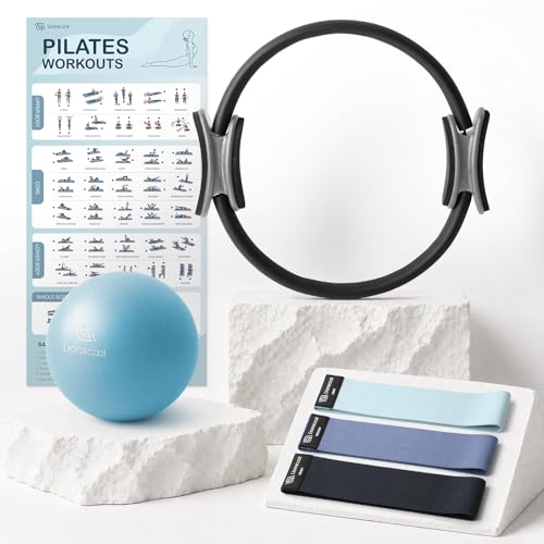 LIONSCOOL Pilates Ring Set (Black) - 14" Anti-Deformation Magic Circle with Padded Handles, 9" Mini Ball, Non-Slip Fabric Resistance Bands, Guide & Bag