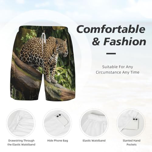 Men's Swim Trunks Quick Dry Board Shorts Jaguar Cat on Tree Trunk Waterfall Beach Shorts with Pocket Bathing Suits for Men4