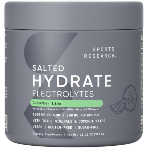 Sports Research® Hydrate Electrolytes Salted Cucumber Lime - Sugar-Free & Naturally Flavored with Vitamins, Minerals, and Coconut Water - Supports Hydration* - 45 Servings