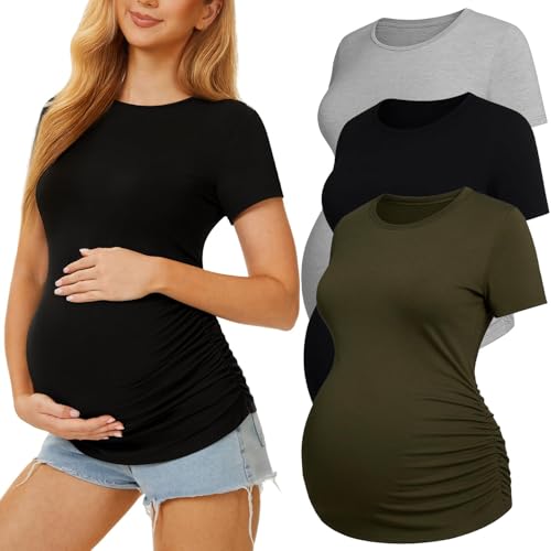 MIRAZEN 3 Pack Womens Maternity Shirts - Crew Neck Maternity Top Short Sleeve Pregnancy Tee Shirts Black/Light Grey/Army Green Medium