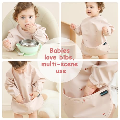 PewinGo Entwöhnungslätzchen mit langen Ärmeln & BLW, weiches und hautfreundliches Material, wasserdicht und leicht zu reinigen & maschinenwaschbar, für Babys Kleinkinder (Rosa)
