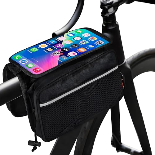 Image of TANTRA Polyester Bicycle Double Sided Handlebar Front Frame /Tube Bag with Waterproof Touch Screen Bicycle Pouch Mobile Phone Holder Black