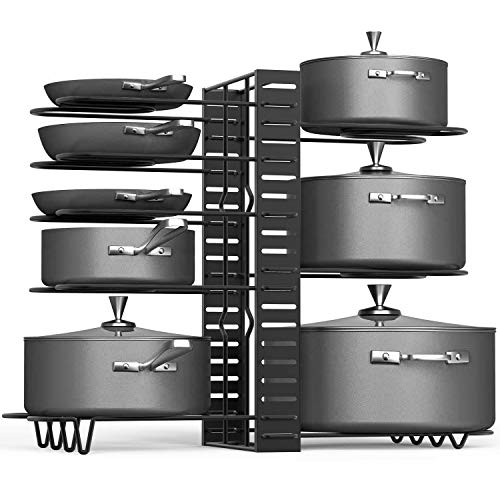 Duerer Pan Rack Organizer, Extensible Pan Rack for Kitchen with 3 DIY Methods , 8 Tiers Adjustable Pot and Pan Organizer Rack for Cabinet, Pot Holder Rack Fit for Kitchen Cabinet Organizer and Storage