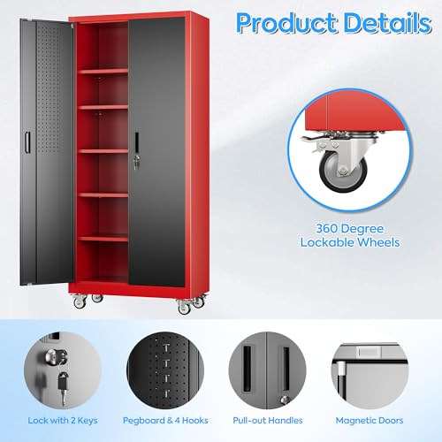 Image of Aobabo Upgrade 71H''*34''W*18''D Metal Garage Storage Cabinet with Wheels and Pegboards, 5 Adjustable Shelves Steel Storage Cabinets for Home,Warehouse,Garage,Assembly Required,Black Red