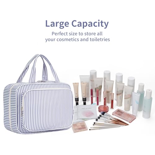 Narwey Trousse de Toilette de Voyage à Suspendre Femmes Trousse de Maquillage Organisateur Accessoires Toilette Sac de Toilette (Rayures Gris Bleu(Grand)) – Image 7
