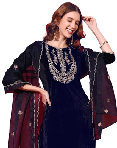 Image of SIRIL Women's Velvet Embroidery Straight Kurta Pant with Dupatta