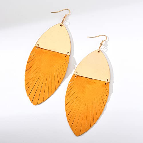 Feather Fringe Leather and Metal Earrings for Women- Boho Genuine Leather Leaf Tassel Statement Earrings Bohemian Leopard Suede Leather Hypoallergenic Lightweight Dangle Earrings Nickle Free3