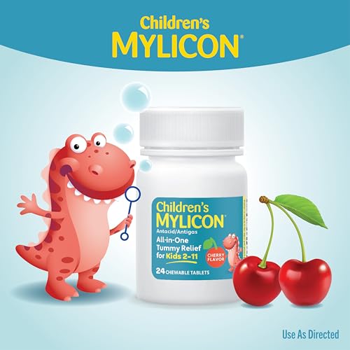 Image of MYLICON Children's Tummy Relief Chewable Tablets, for Kids, Cherry, 24 Ct | Multi-Symptom Chewable tablets soothe kids' upset tummies from bloating, gas & indigestion . Cherry flavor . For ages 2-11