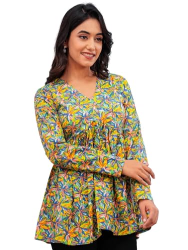 Image of LABEL ADRIJA Cotton V Neck Anarkali Short Kurti for Women Full Sleeve Floral Print | Short Kurtis for Women on Jeans