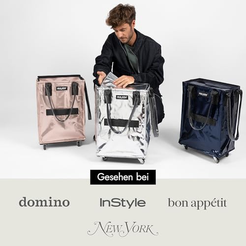 HULKEN - (Klein, Roségold) Wiederverwendbare Einkaufstasche auf Rädern. Der Einkaufswagen trägt bis zu 15 kg, hat robuste Griffe, einen Reißverschluss und ist flach, leicht und zusammenklappbar. – Bild 6