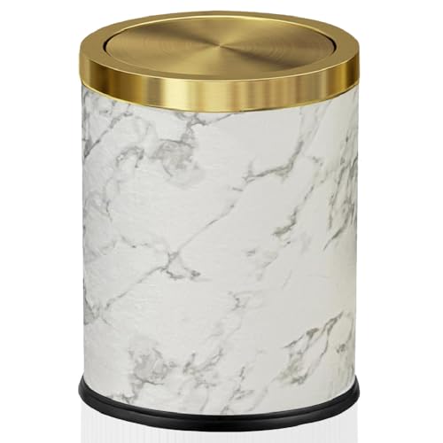 Image of 4 Gallon Bathroom Trash Can with Swing Lid, White Gold Garbage Can, White Marble Leather Waste Basket, for Bedroom Kitchen Powder Room (Marble)