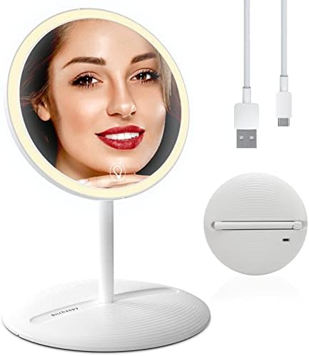 Riichaapy Travel Mirror with Light, Folding Handheld Desk Vanity Mirror with Lights, 3 Color Lights，180° Rotation, 24 LED Lighted Makeup Mirror，Tabletop Make Up Mirror, Touch Sensor, Gift for Women
