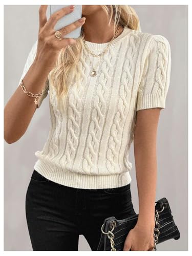 Women's Short Sleeve Cable Knit Sweater Crewneck Slim Fit Knit Pullover Tops Knitwear3