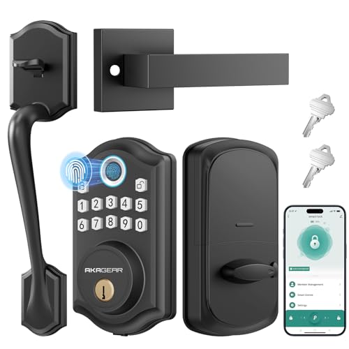 Image of AkaGear DS10 Pro Keyless Entry Door Lock with Handle Set, Smart Front Door Locks Set, Electronic Keypad, Fingerprint Deadbolt, Bluetooth APP Control, Auto-Lock & One Touch Locking, Matte Black