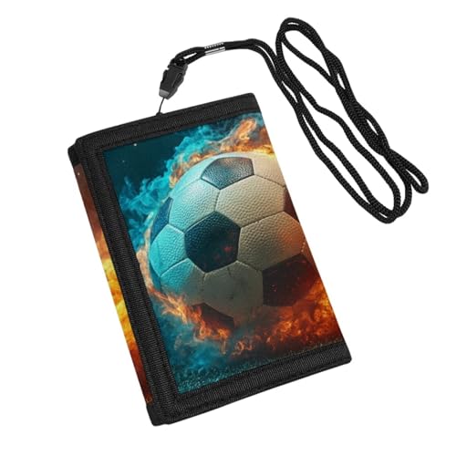 Fire Soccer Lanyard Trifold Wallet for Boys Ages 8-12 Outdoor Travel Purse with Picture Inserts Portable Three Fold Wallets Lightweight Money Bag