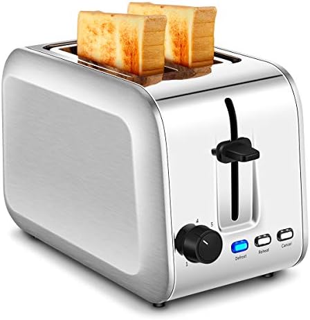 Toaster 2 Slice, CUSINAID Compact Stainless Steel Toaster Wide Slots with 7 Bread Browning Settings, REHEAT/DEFROST/CANCEL Function, Silver