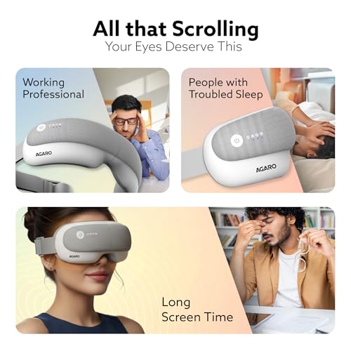 Image of AGARO Elite Eye Massager with Air Compression, Rechargeable, Heat & Vibration | Bluetooth Music | Foldable Design | 5 Relaxation Modes | Adjustable Headband | Ideal for Screen Fatigue & Daily Eye Relaxation