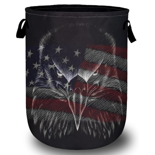 Image of American Flag Eagle Laundry Basket, Laundry Hamper Collapsible Oxford Cloth with Handle Clothes Toy Storage Bin for Bathroom Laundry Room Bedroom 15.7 X 20 Inch