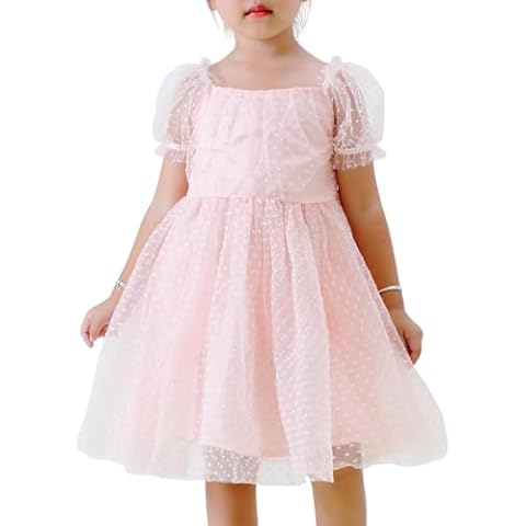 Big Kid Girls Flower Gril Princess Dresses Dot Tulle Puff Sleeve Birthday Party Tutu Dress Pink 6-7 Years Cover