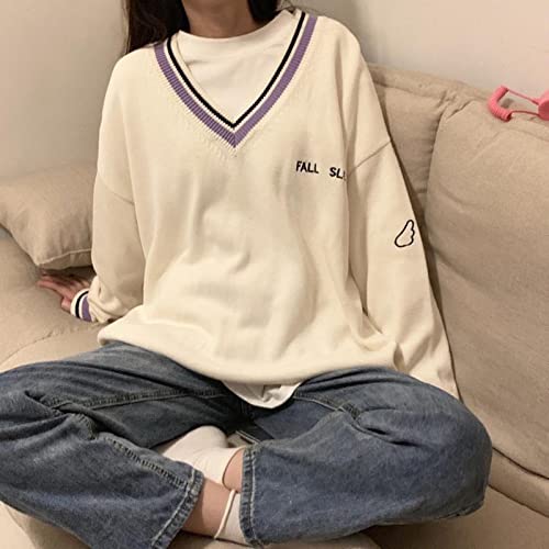 Image of Korean Women's Sweater Academy Style V-Neck Letter Pullover Women's Casual Loose Sweater