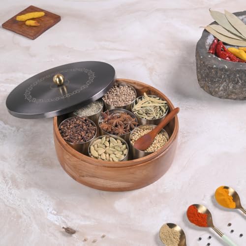 Image of Wooden Masala Box for Kitchen | 7 Stainless Steel Jars with Wooden Spoon | Stainless Steel Brass Lid with Knob | Multipurpose Spice Storage | GunMetal (Bloom Etching)